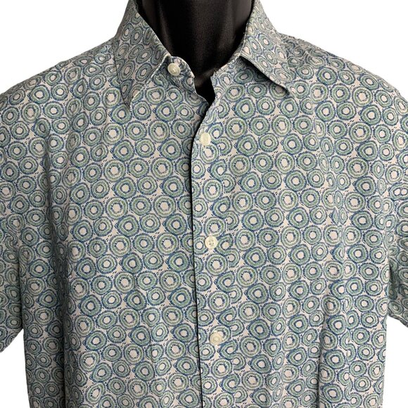 Perry Ellis Button Up Short Sleeve Shirt L White Green Circles Collar Cotton - Picture 2 of 6